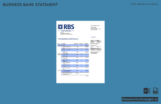 Beispiel eines Kontoauszugs vom Geschäftsgirokonto der RBS Bank (Word- und PDF-Datei)